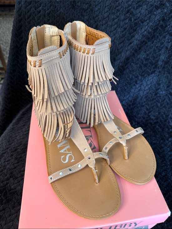Sam & Libby Shoes - Sam & Libby Taupe Fringe Gladiator T-Strap Sandals